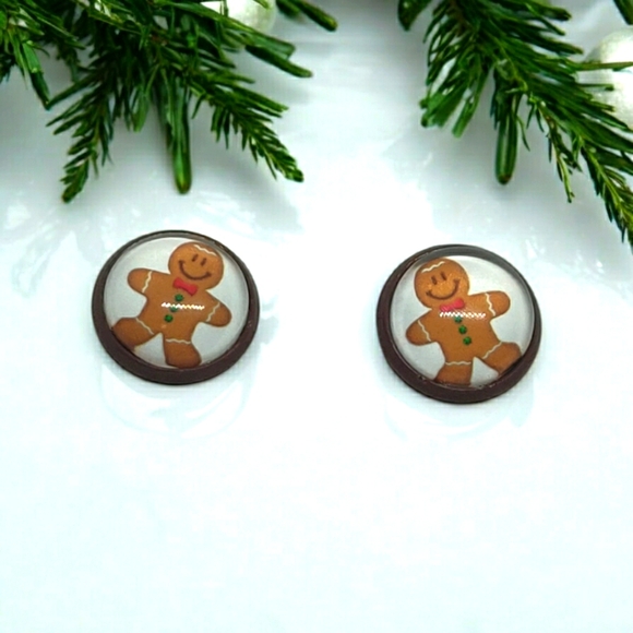 Hand Crafted Jewelry - Gingerbread Boy Cabochon Earring Studs